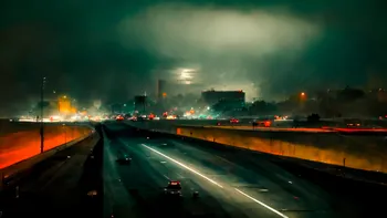 Freeway driving at night layered blurs towering grey